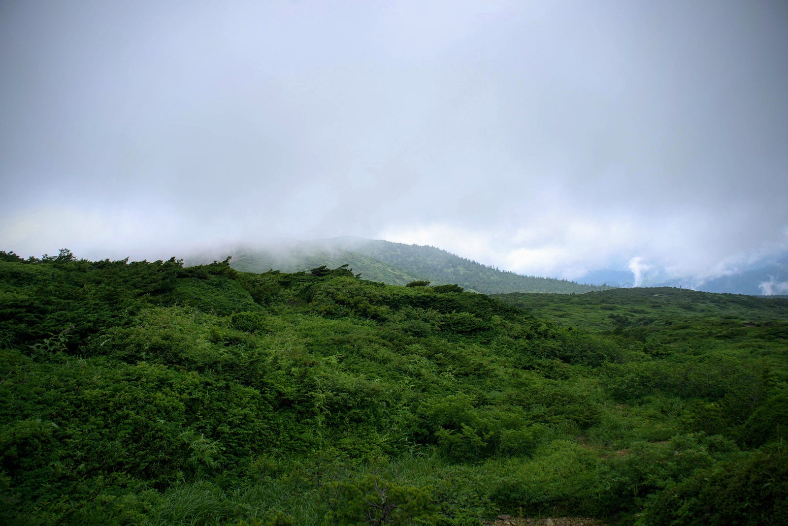 A huge cloud hangs over the green mountains of Zao-san (Mt. Zao).