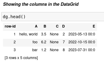 A table with columns A-E and 3 rows displaying DatGrid structure examples.