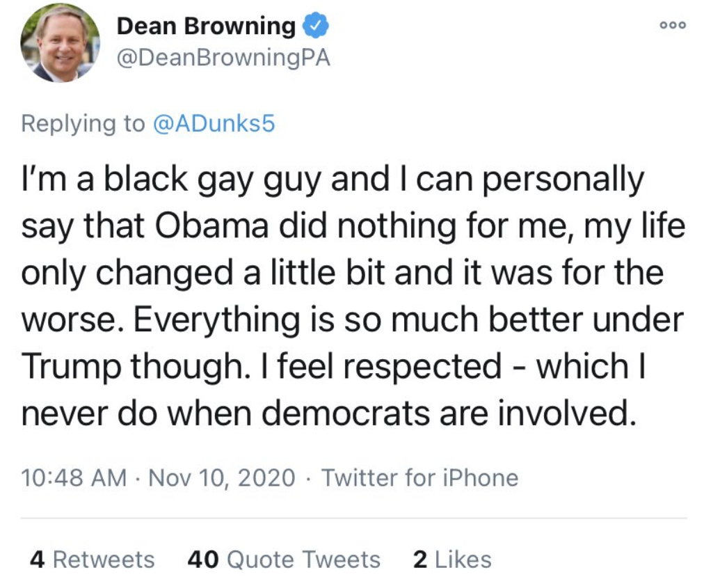 Screenshot of Dean Browning’s original tweet. It begins with, “I’m a black gay guy.” The original tweet has been deleted.