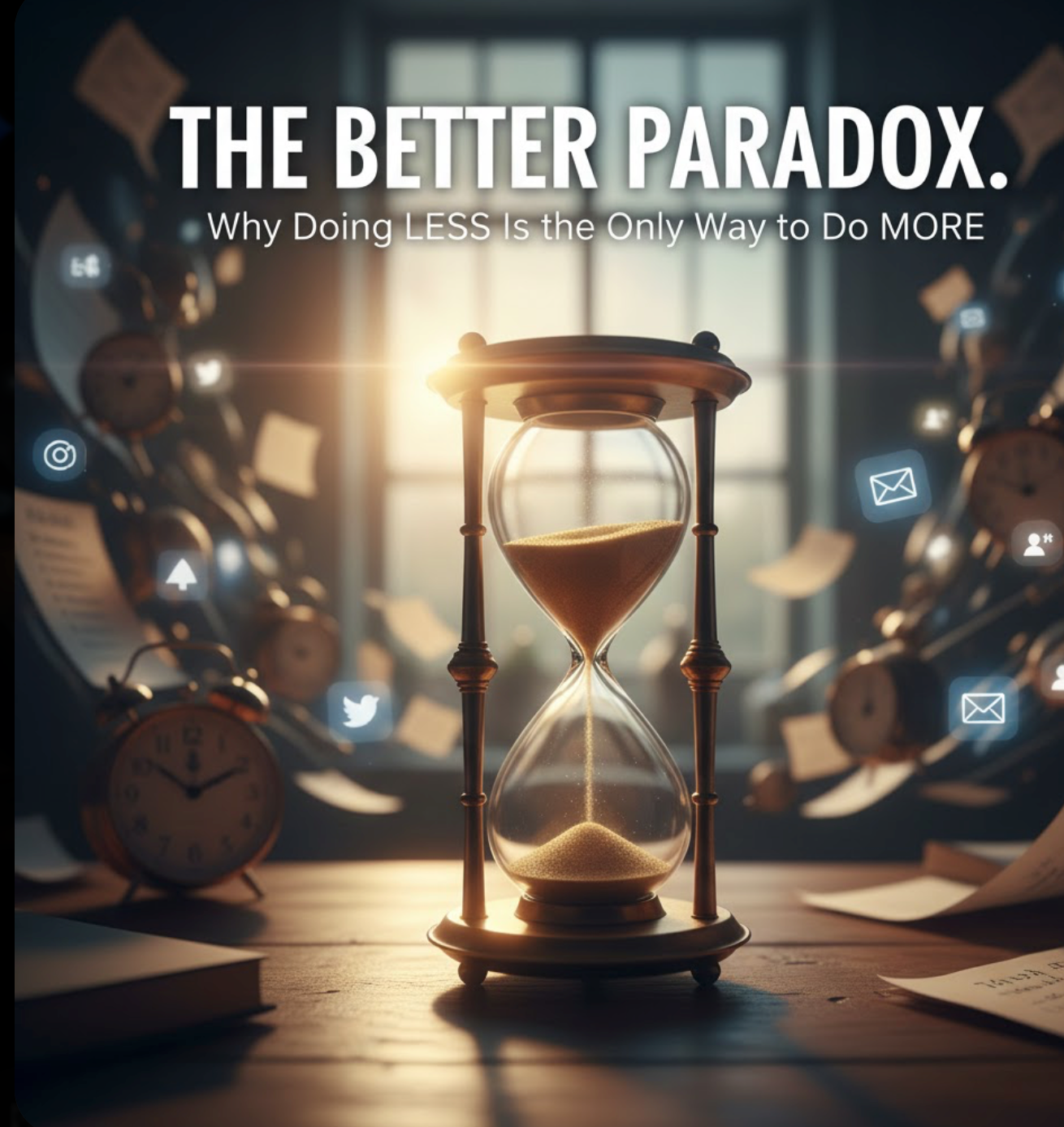 A cinematic illustration of an hourglass sitting on a wooden desk, illuminated by warm sunlight coming through a window. The background is filled with a chaotic whirlwind of floating clocks, flying papers, and glowing digital notification icons. Large white text overlays the image reading: “THE BETTER PARADOX. Why Doing LESS Is the Only Way to Do MORE.”