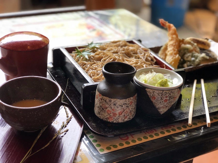 A heaping serving of tempura soba at Ibaraki Prefecture’s Kashima Jingu