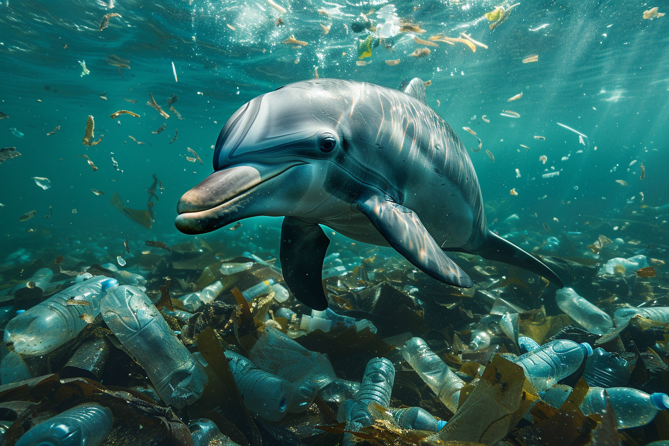 A dolphin swimming near plastic bottles and bags, oceanic plastic waste, photo, created with Midjourney AI generated image.