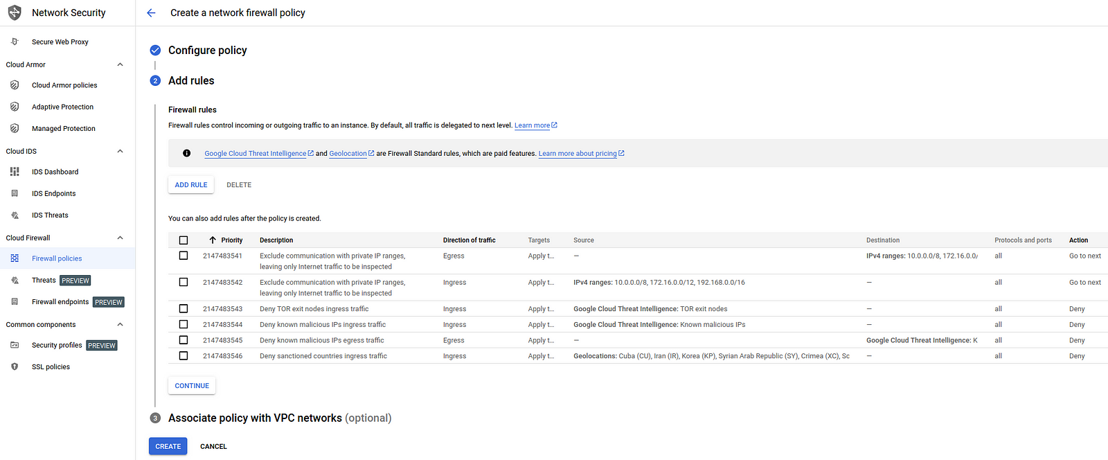 Screenshot showing the suggested firewall rules while creating a new network firewall policy