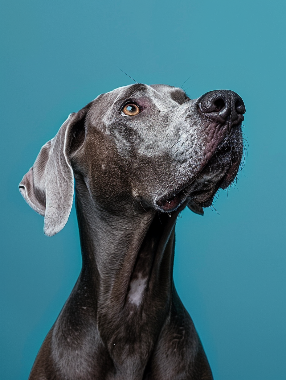 Solid blue background, fashion photography, a serious dog, exquisite details, close-up, created with Midjourney AI generated image.