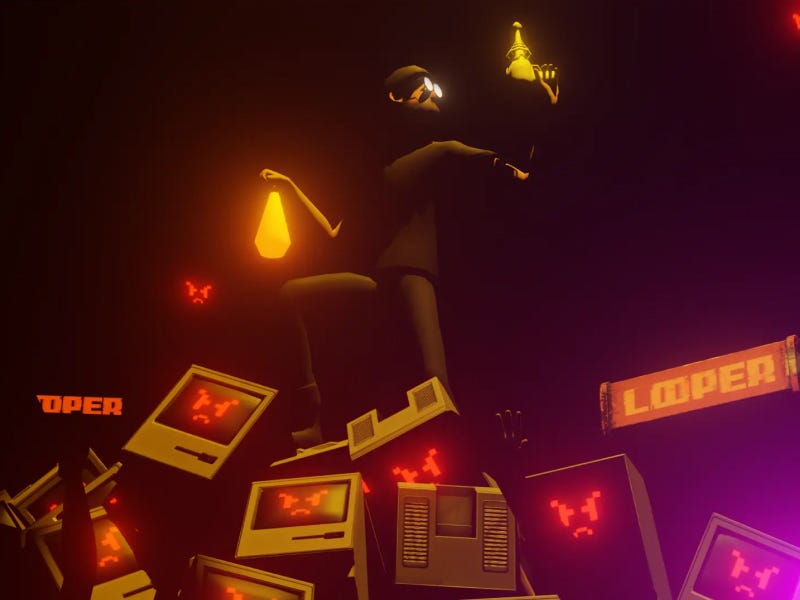 A stylized 3D character holding a glowing lantern stands atop a pile of vintage computers with red glitching faces, set in a dark, cinematic scene with warm orange and purple lighting and “Looper” signage in the background.