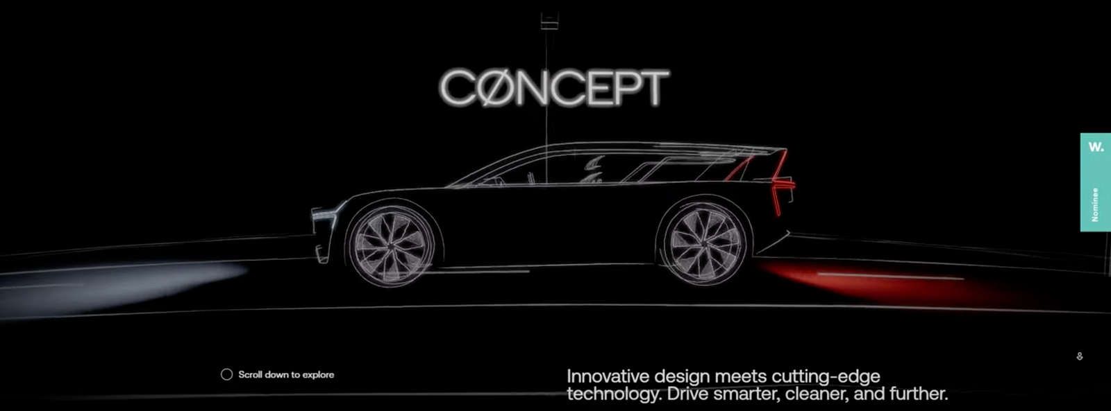 A futuristic car concept sketch featuring illuminated headlights and taillights with a sleek, innovative design, shown in profile against a black background. The word “CONCEPT” appears above the vehicle with modern typography.