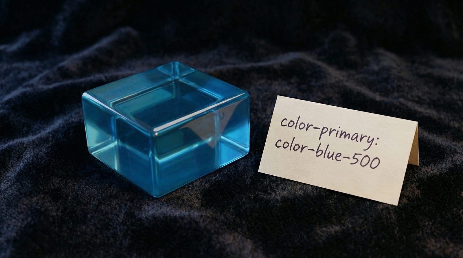 A translucent blue glass cube placed on a dark fabric next to a note reading “color-primary: color-blue-500