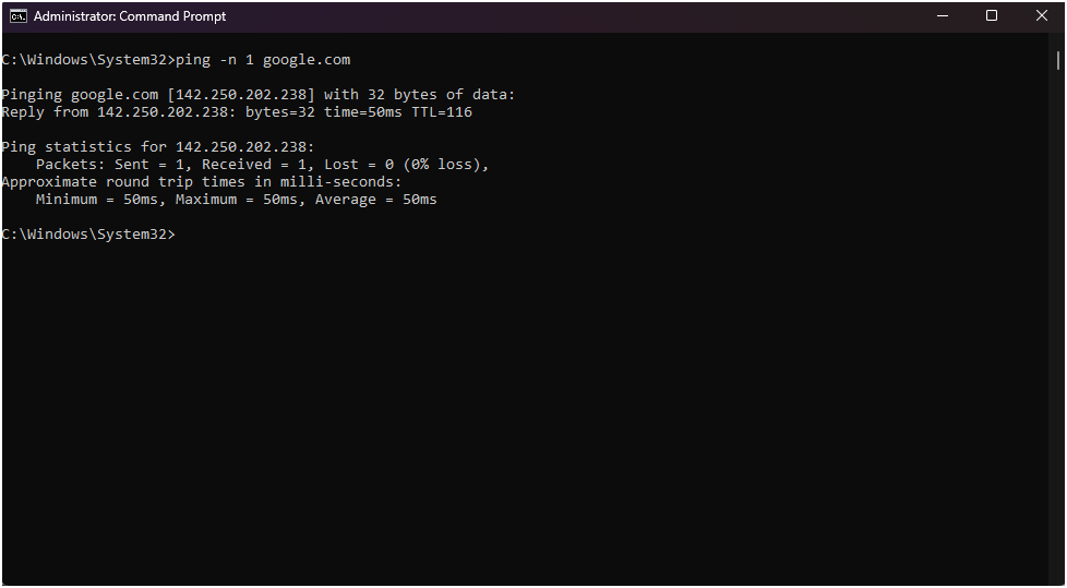 Ping to google.com showing round-trip time output.