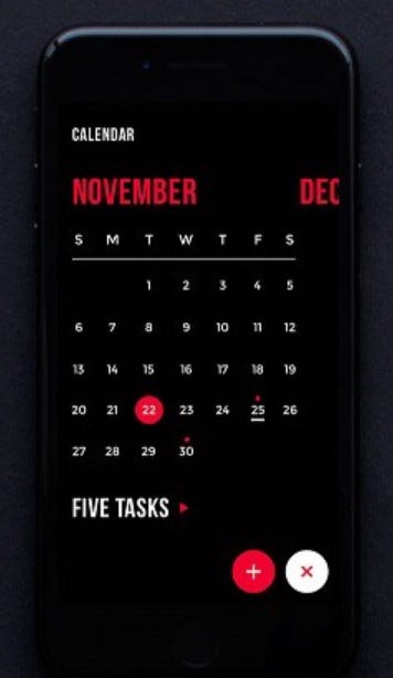 Calendar app where background color is black and important actionable components are red. Good use of negative space, but red on black is almost invisible to people who are color blind.