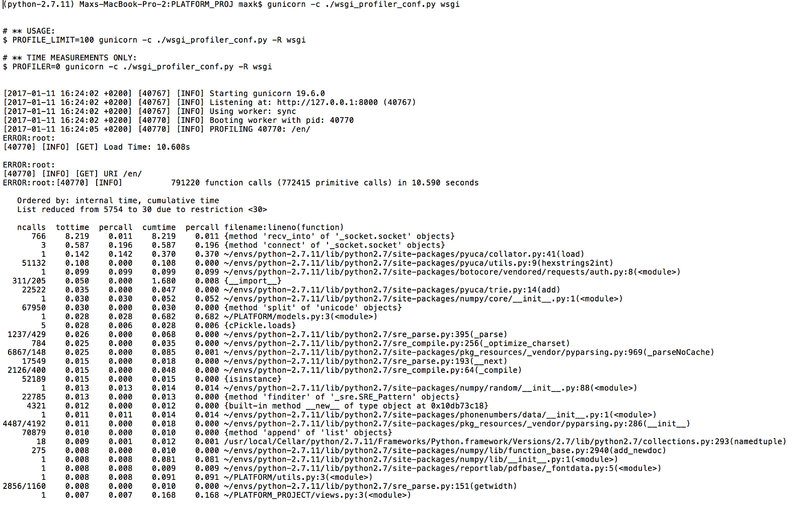 Measuring performance of python-based apps using gunicorn and cProfile