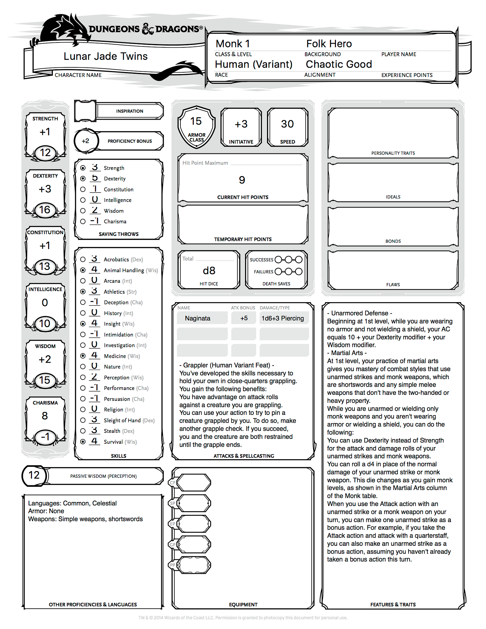 “Hound of Fortune” Character Sheets for Dungeons & Dragons