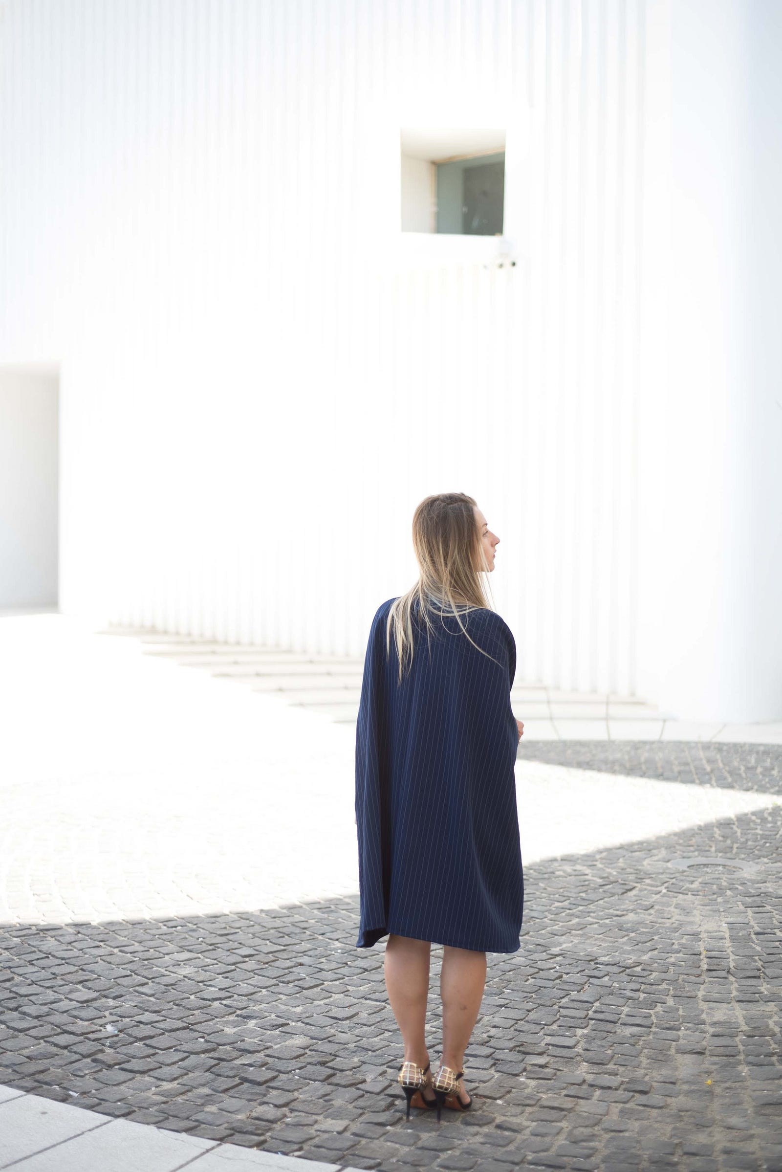 Pinstripe dark blue poncho dress