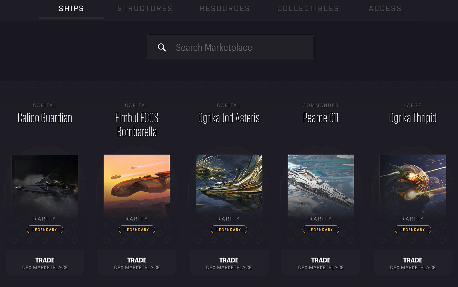 Old Marketplace, showing categories, search bar and 5 ships
