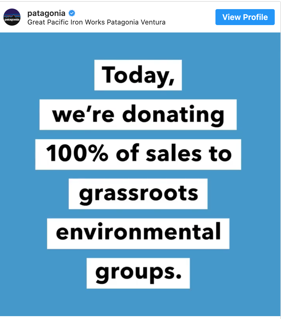 Patagonia’s post: “Today we’re donating 100% of sales to grassroots environmental groups”