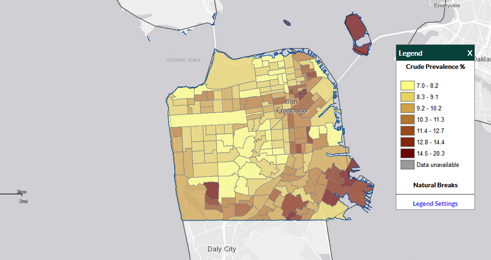 map showing incidence of mental illness in San Francisco neighborhoods