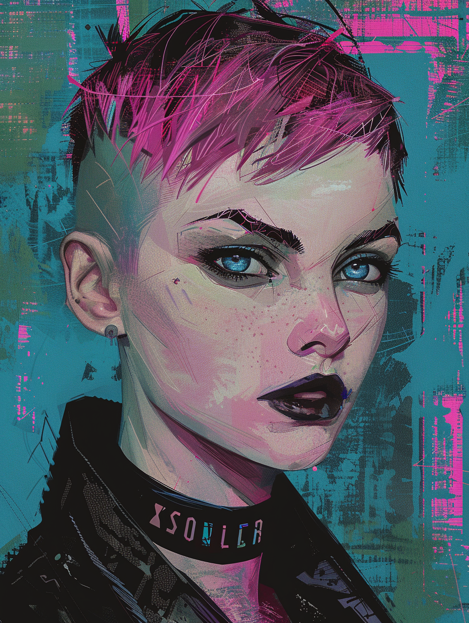 woman with blue eyes, black lipstick and black eye liner, she has extra short pink sidecut hair with shaved sides, in the art style of a colored sketch, created with Midjourney AI generated image.