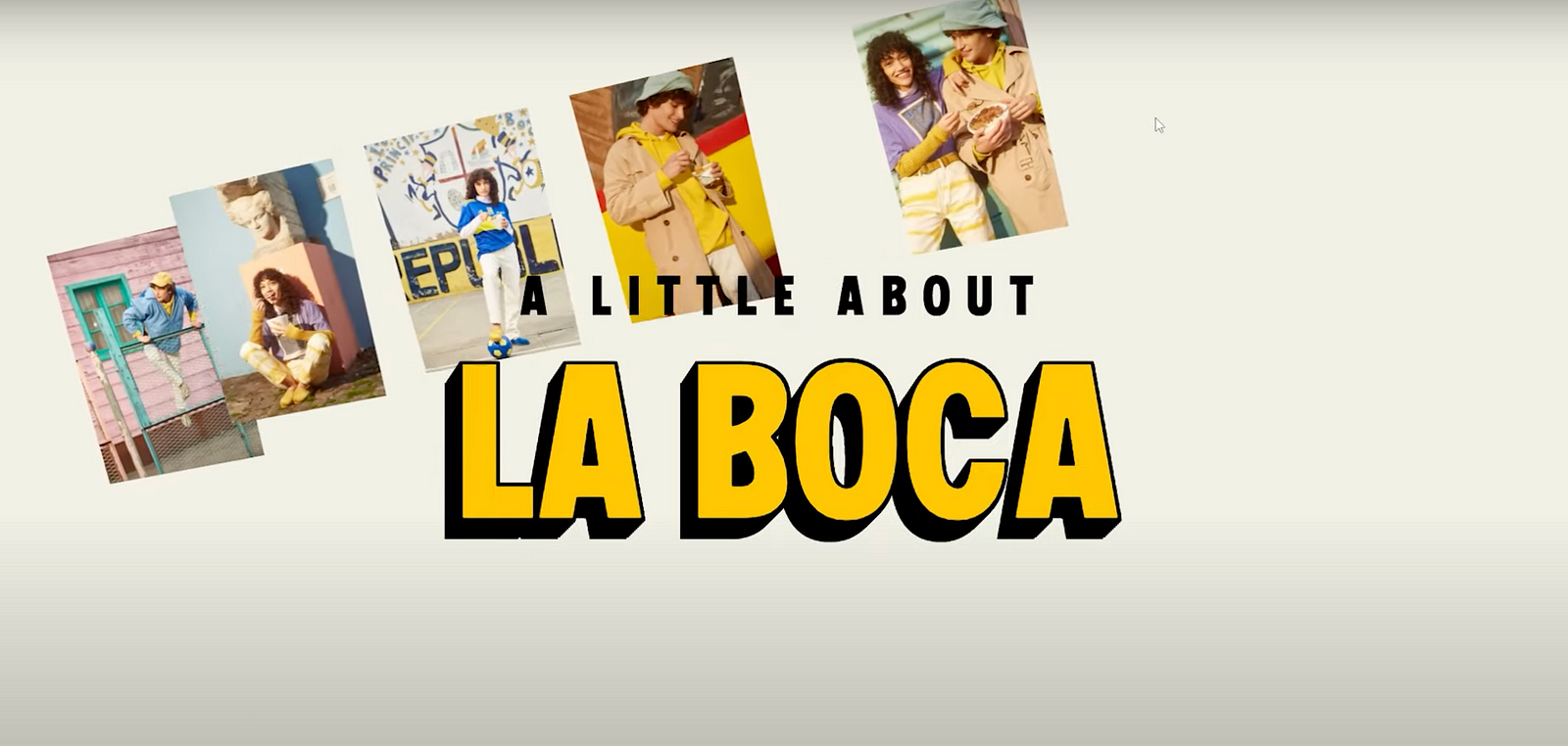 Colorful photographs of people in vibrant, urban settings are scattered across the screen. Bold yellow and black text in the center reads, “A Little About LA BOCA.”