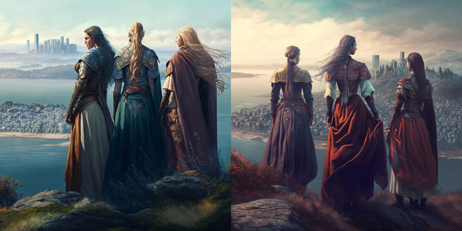 two images of fantasy women standing on a hill looking down at a city on a bay, images created with Midjourney