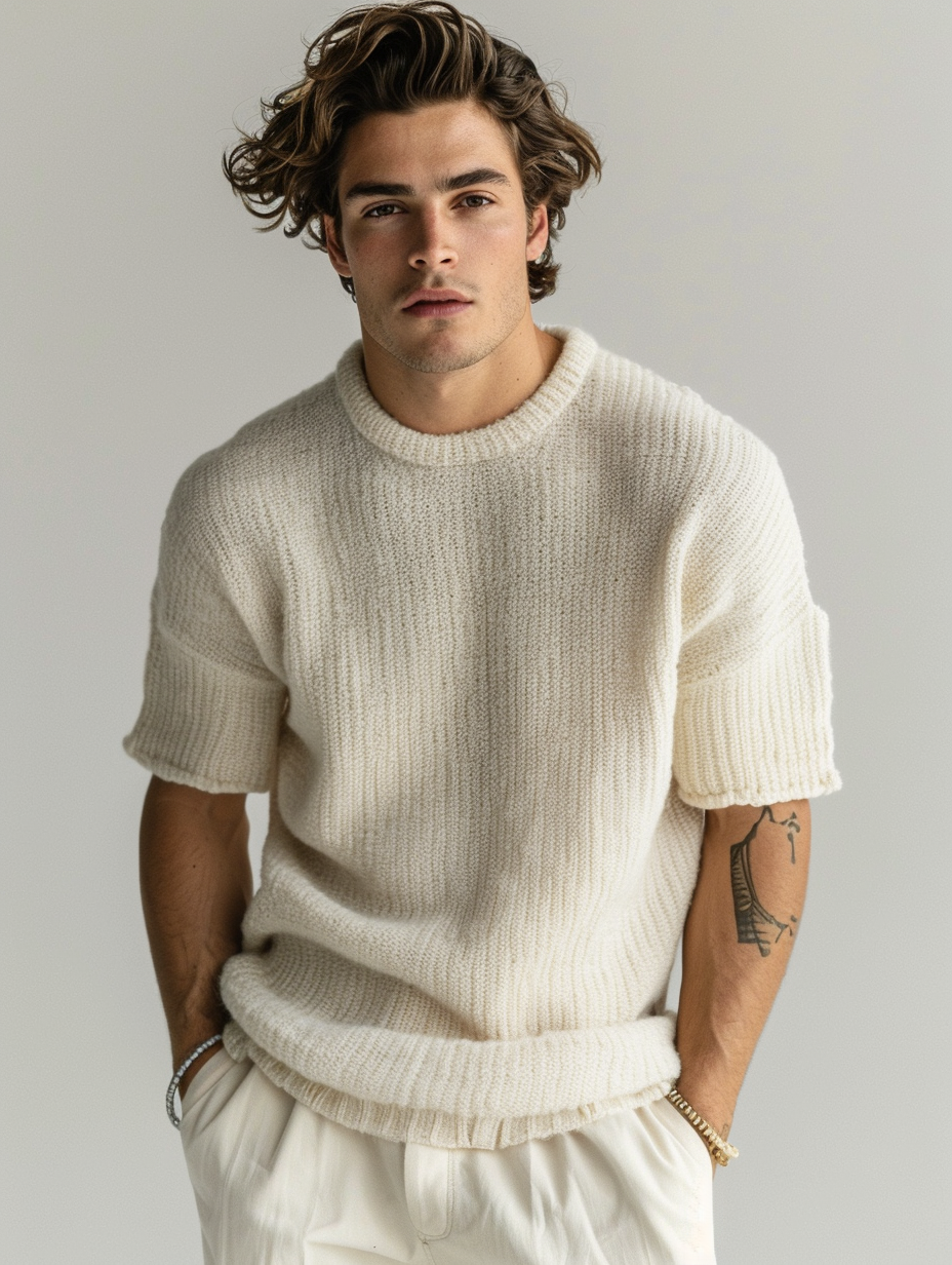 European male model wearing a plain slightly ivory linen short-sleeve round neck knit with short ribbed cuffs, natural and relaxed poses, realistic, created with Midjourney AI generated image.