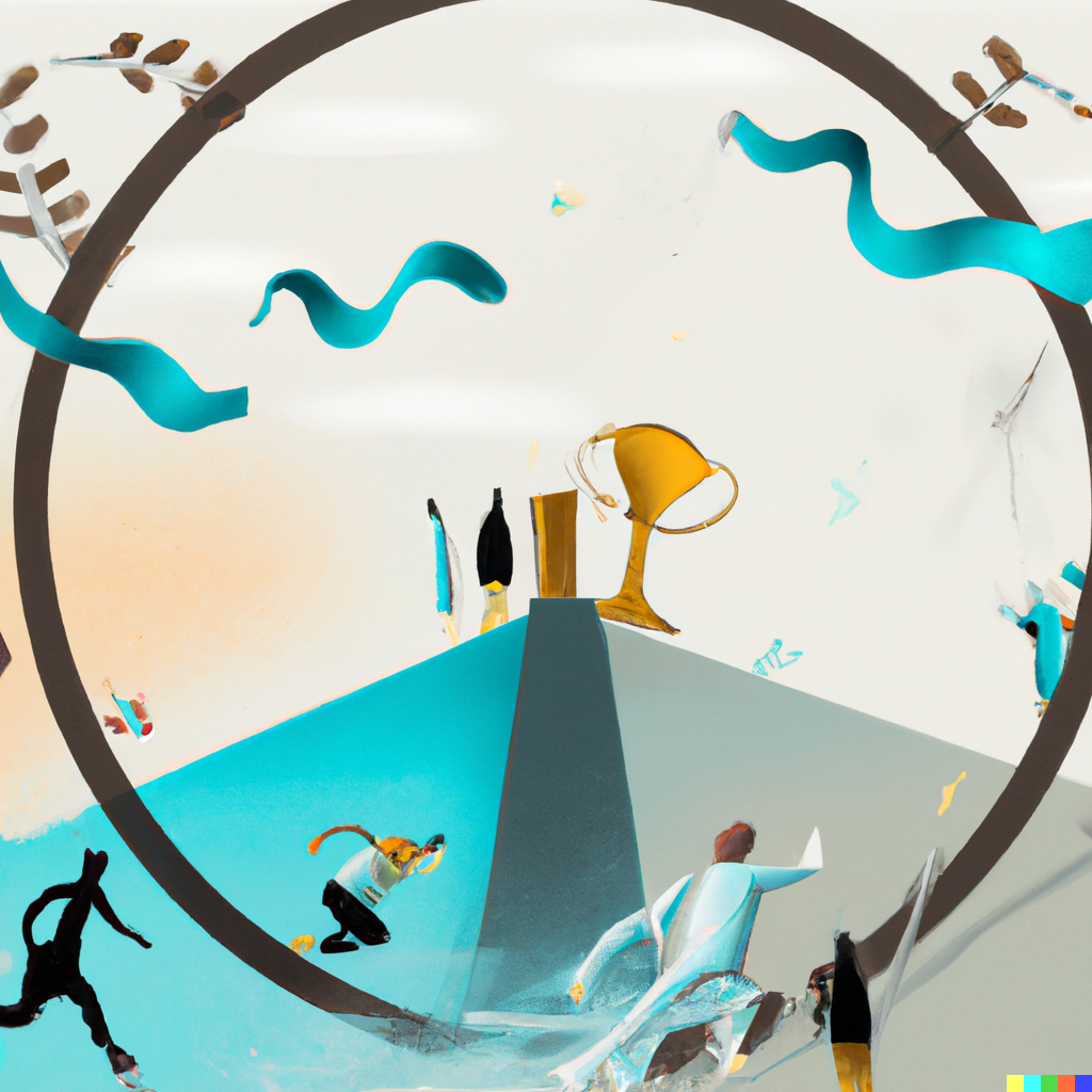 An digital art painting of people going after awards with chaos all around