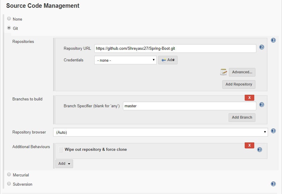 scm block in the yaml which results in the above configuration in the Jenkins job