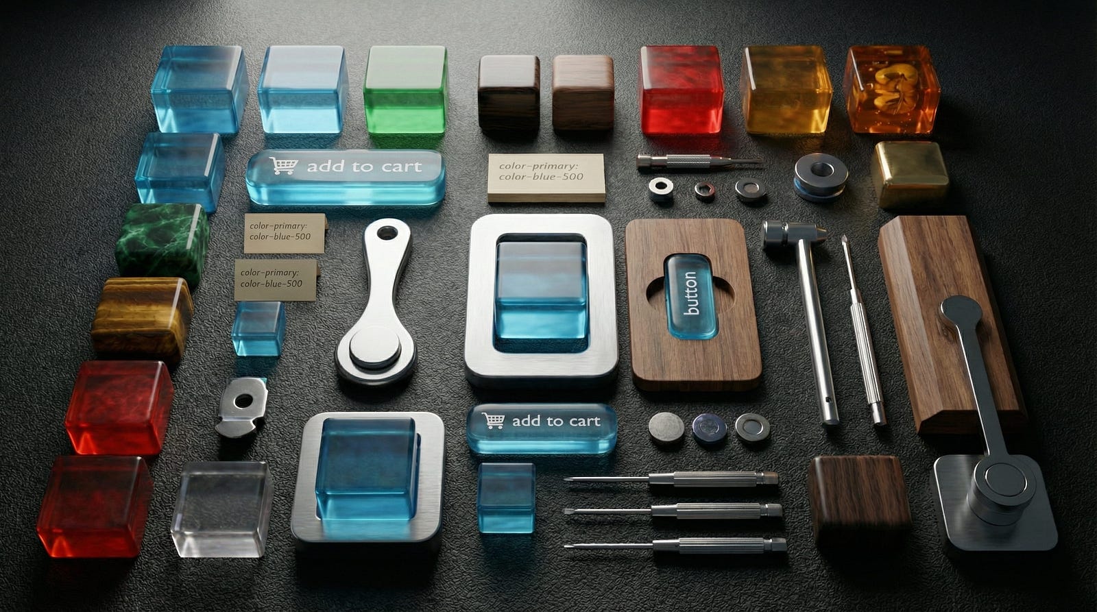 A top-down view of a dark workbench featuring a precise arrangement of physical tools like screwdrivers and a hammer alongside digital UI components made of blue glass and geometric material samples.