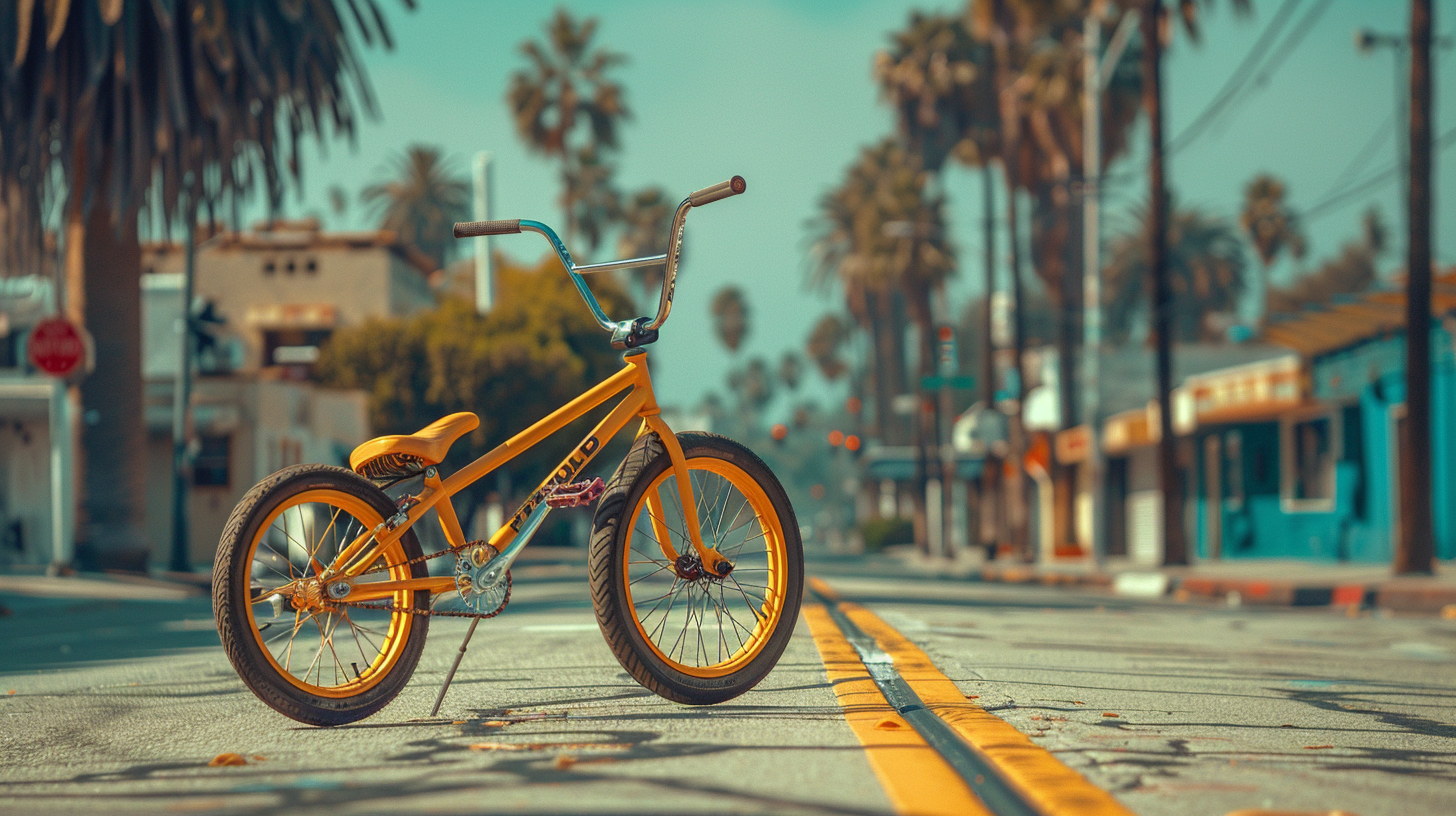 a yellow 80s bmx bike with a chrome frame and yellow wheels, empty street, Los Angeles street, sunny day, created with Midjourney AI generated image.