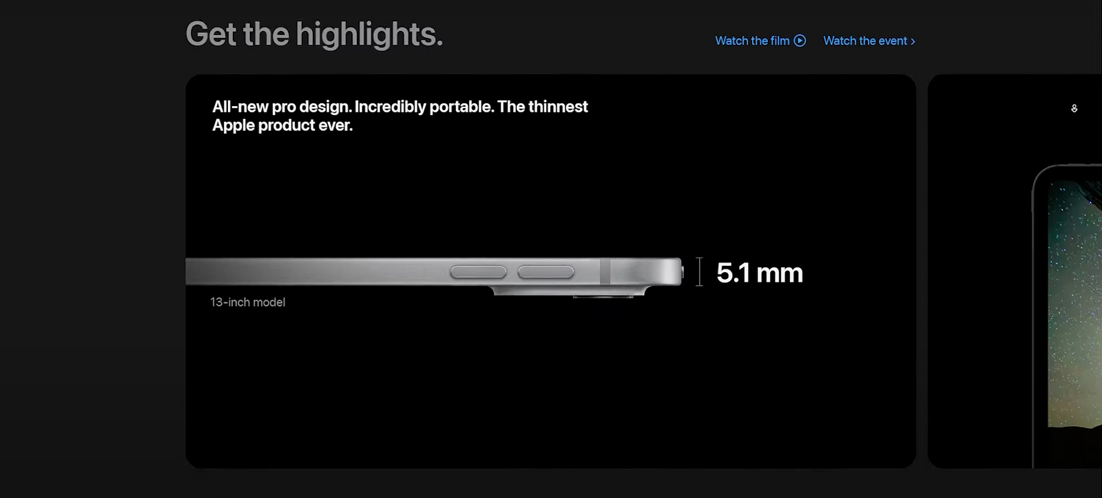 Side view of Apple’s 13-inch model device on a dark background, showcasing its slim 5.1 mm thickness, labeled as the thinnest Apple product ever.