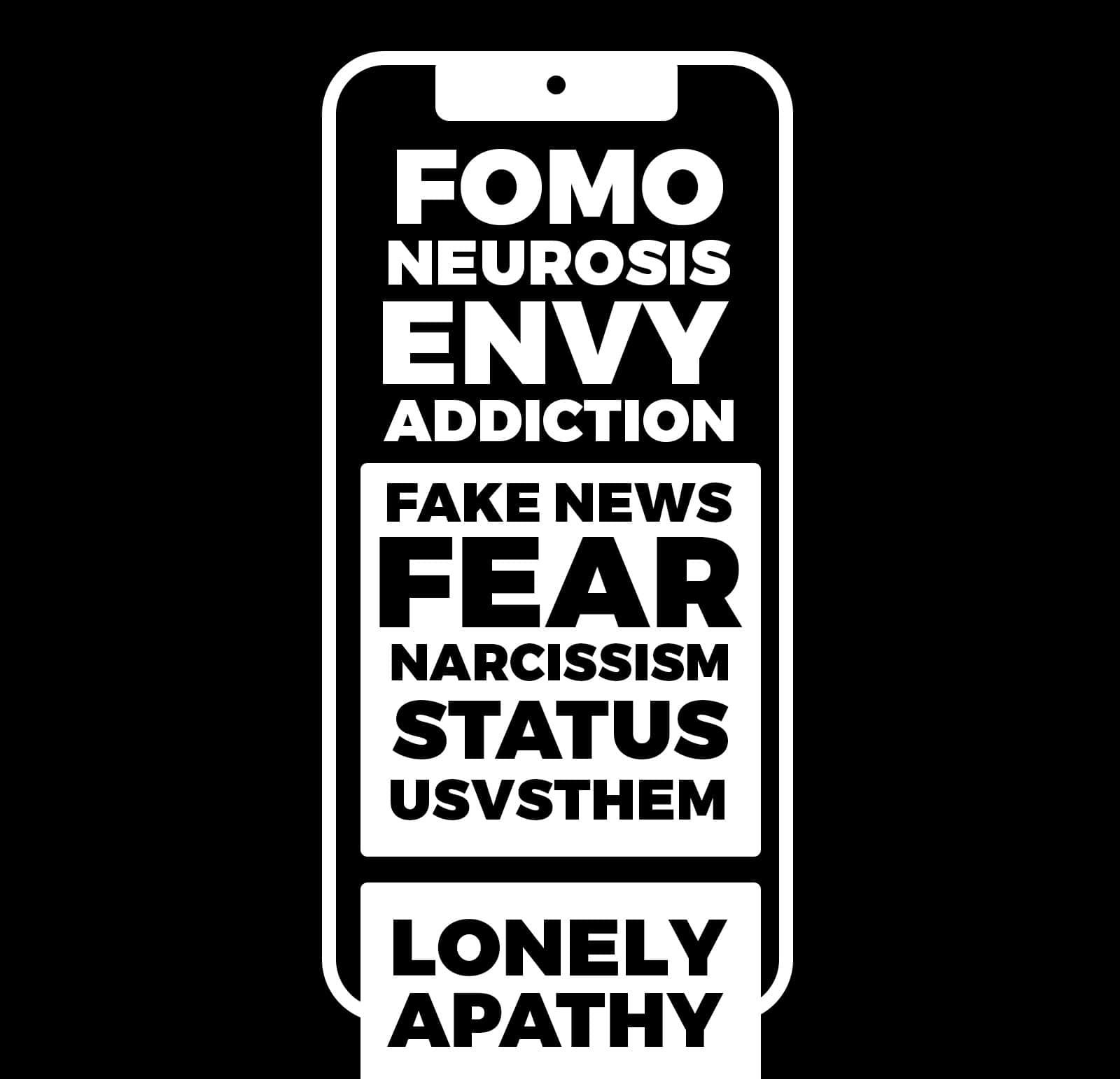 Graphic of smartphone and words that promote toxicity.