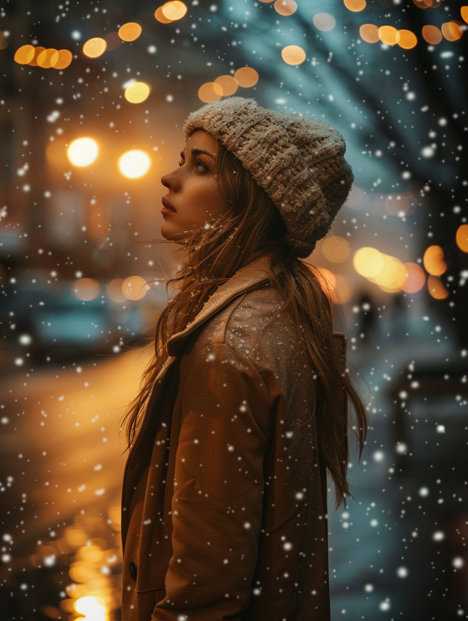 women standing under street lights, in a winter coat on a rainy night standing alone, AI generated image, created with Midjourney.