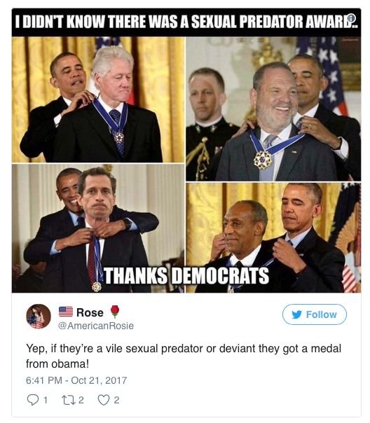 the above tweet s photo has been modified to falsely show obama awarding anthony weiner bill cosby and harvey weinstein - max and harvey instagram follower count