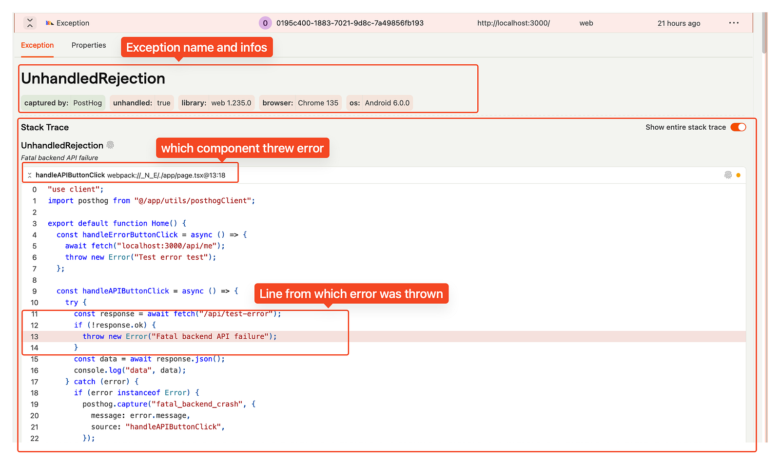 Fig: Error tracking feature from posthog in production