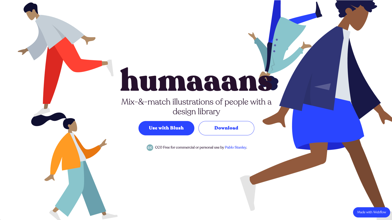 Mix-and-match people illustrations by Pablo Stanley. Best for team pages, user representations, and onboarding screens that need diverse characters. Swap hairstyles, clothing, body positions, and accessories