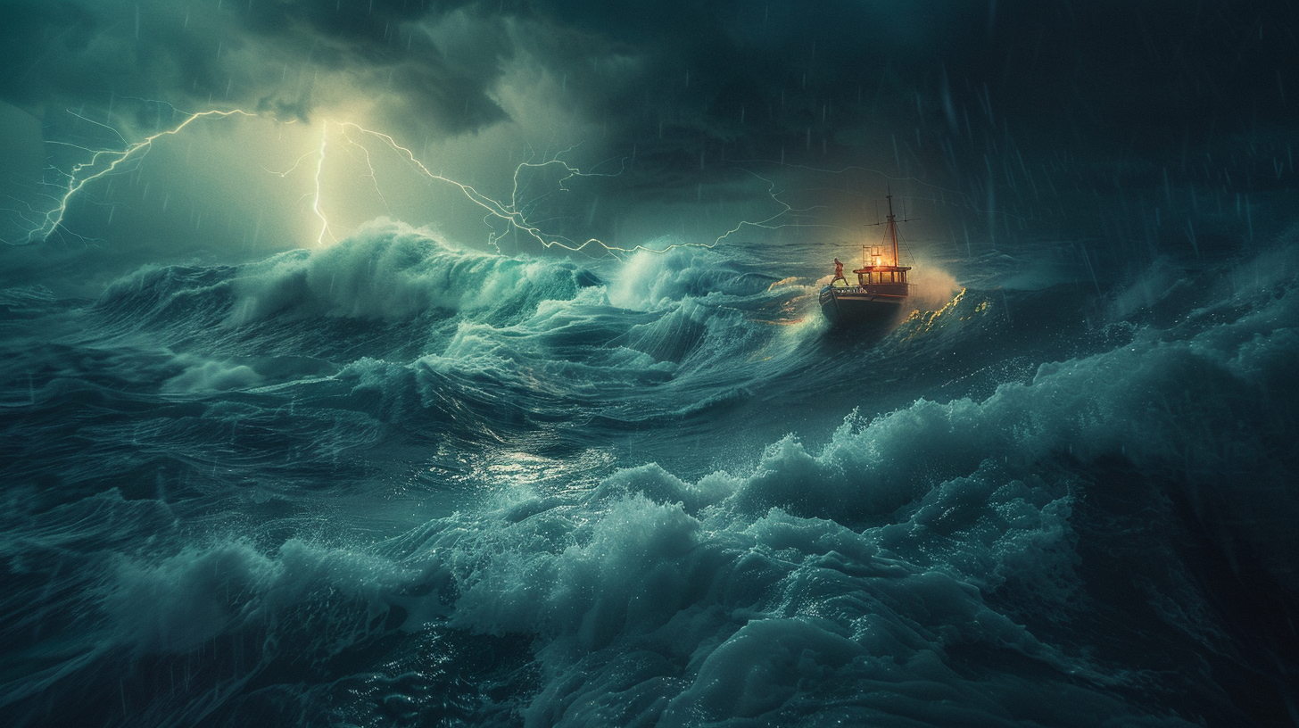 a small boat battling enormous waves in the middle of a stormy sea at night, lightning illuminating the scene, AI generated image, created with Midjourney.