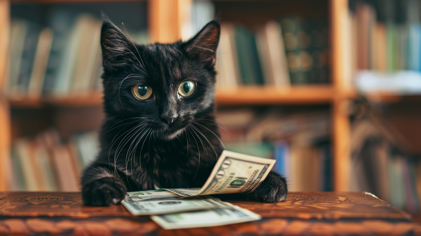 A cat handing out money