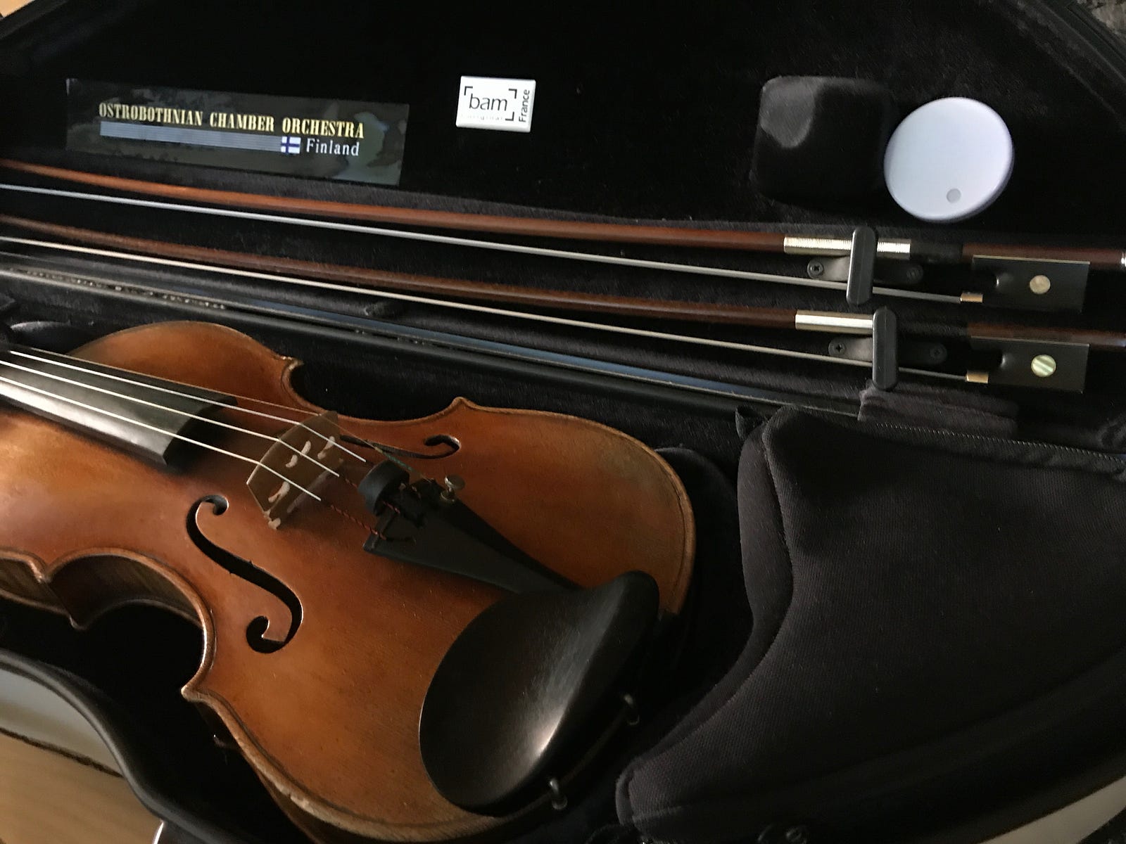 RuuviTag humidity sensor in a violin case