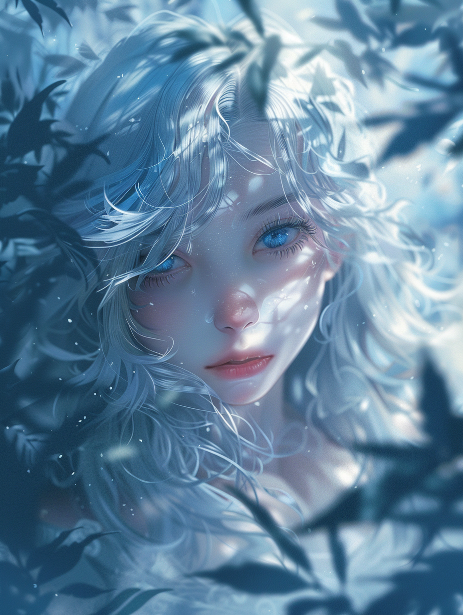 anime adorable japanese ghostly female with silver hair and blue eyes, in a misty forest, detailed, soft lighting, created with Midjourney AI generated image.