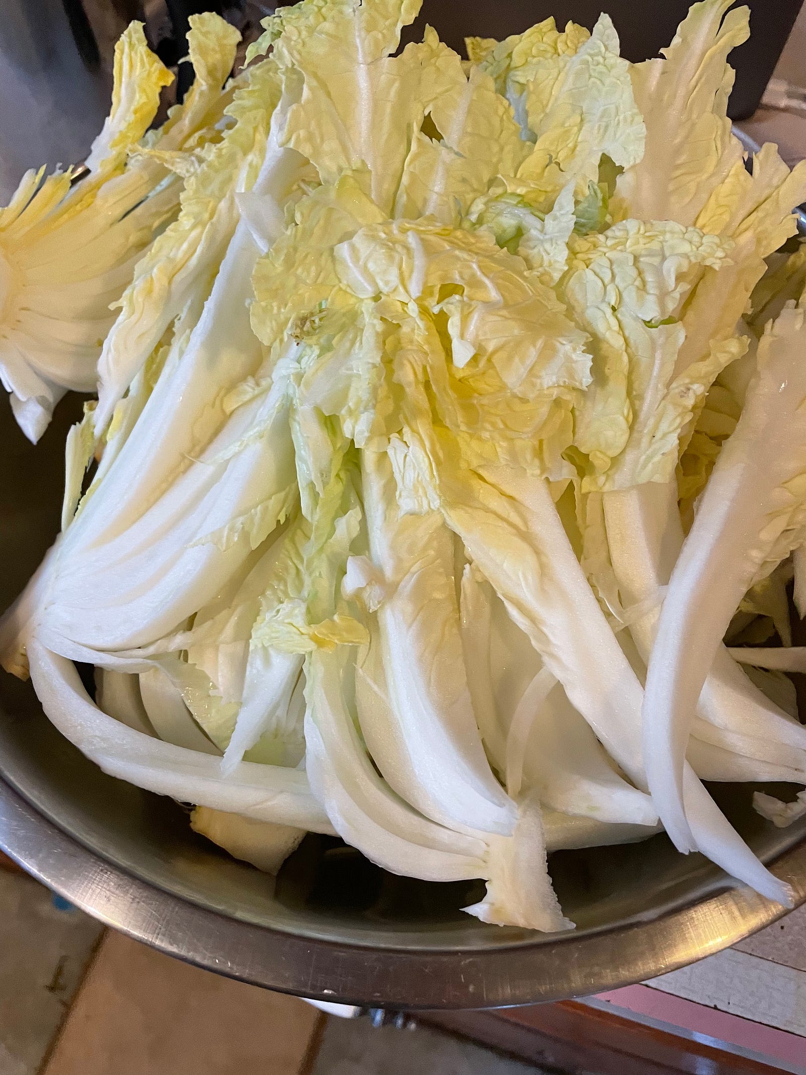 Cabbage wedges filling a large bowl.