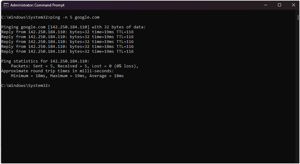 Ping to google.com showing multiply round-trip time output.