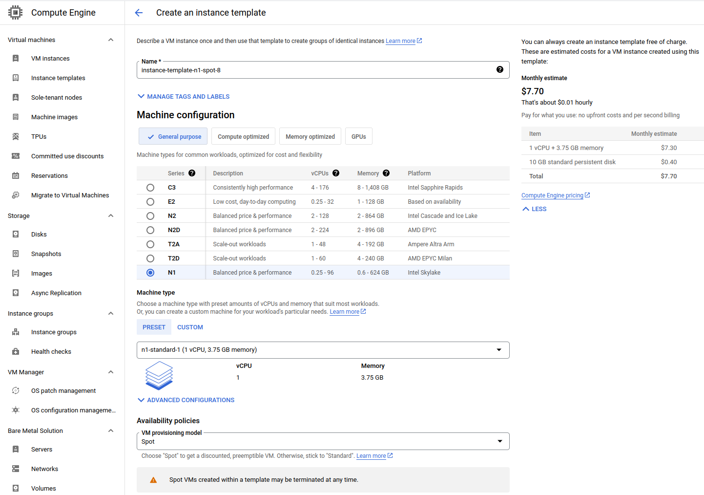 Screenshot of a creation of a new instance template in Google Cloud Console