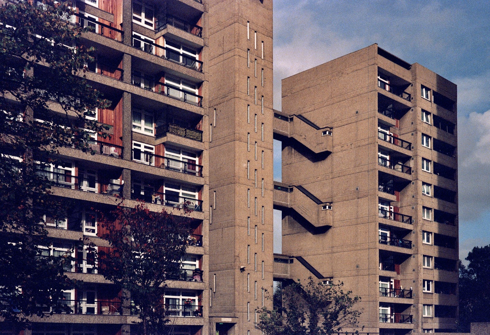 A colour photograph of the lower floors of the Balfron Tower in east London.