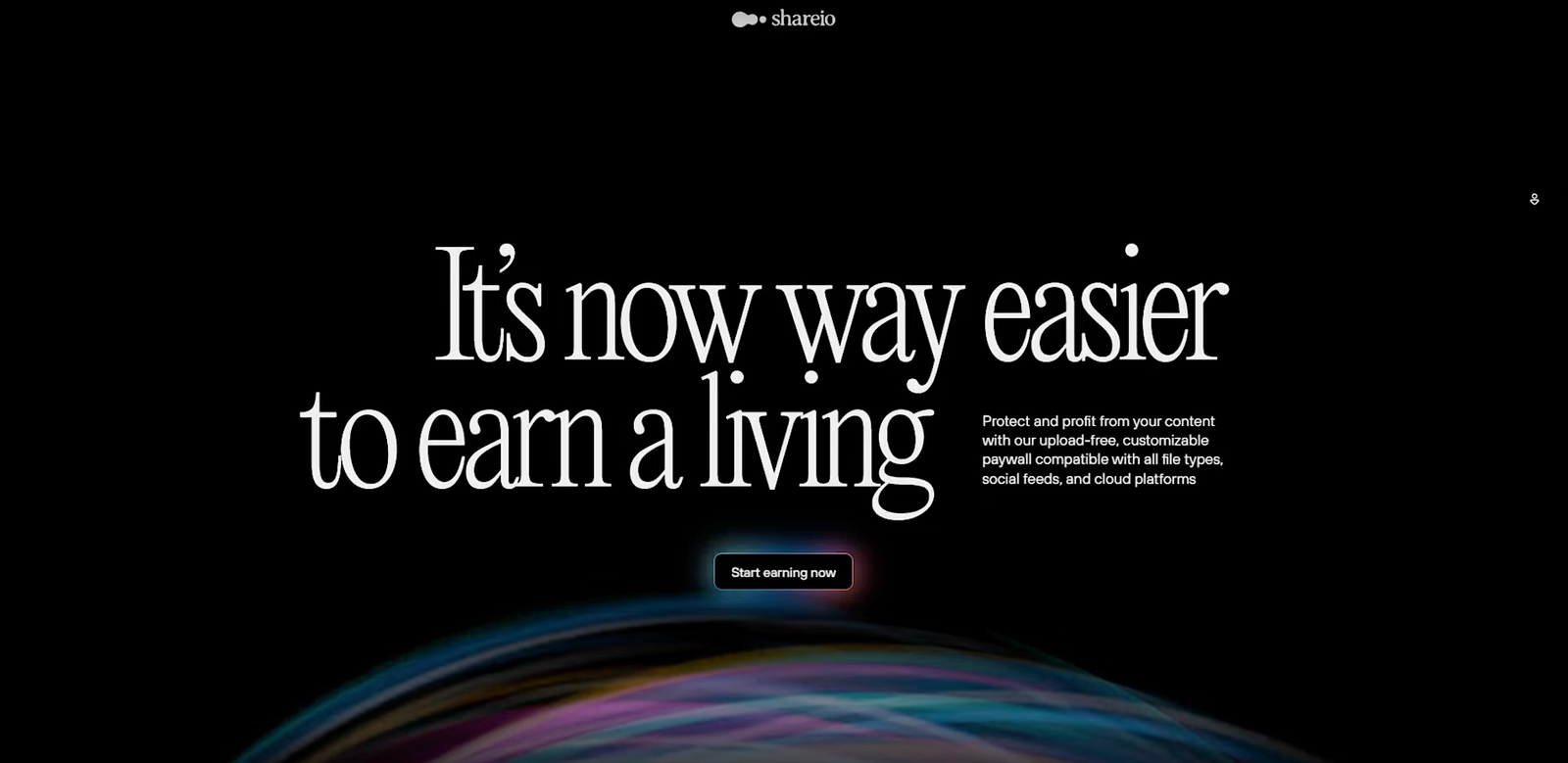 A black webpage with large white text reading, “It’s now way easier to earn a living,” advertising a platform that offers customizable paywalls for creators to profit from their content. A button labeled “Start earning now” is prominently displayed.