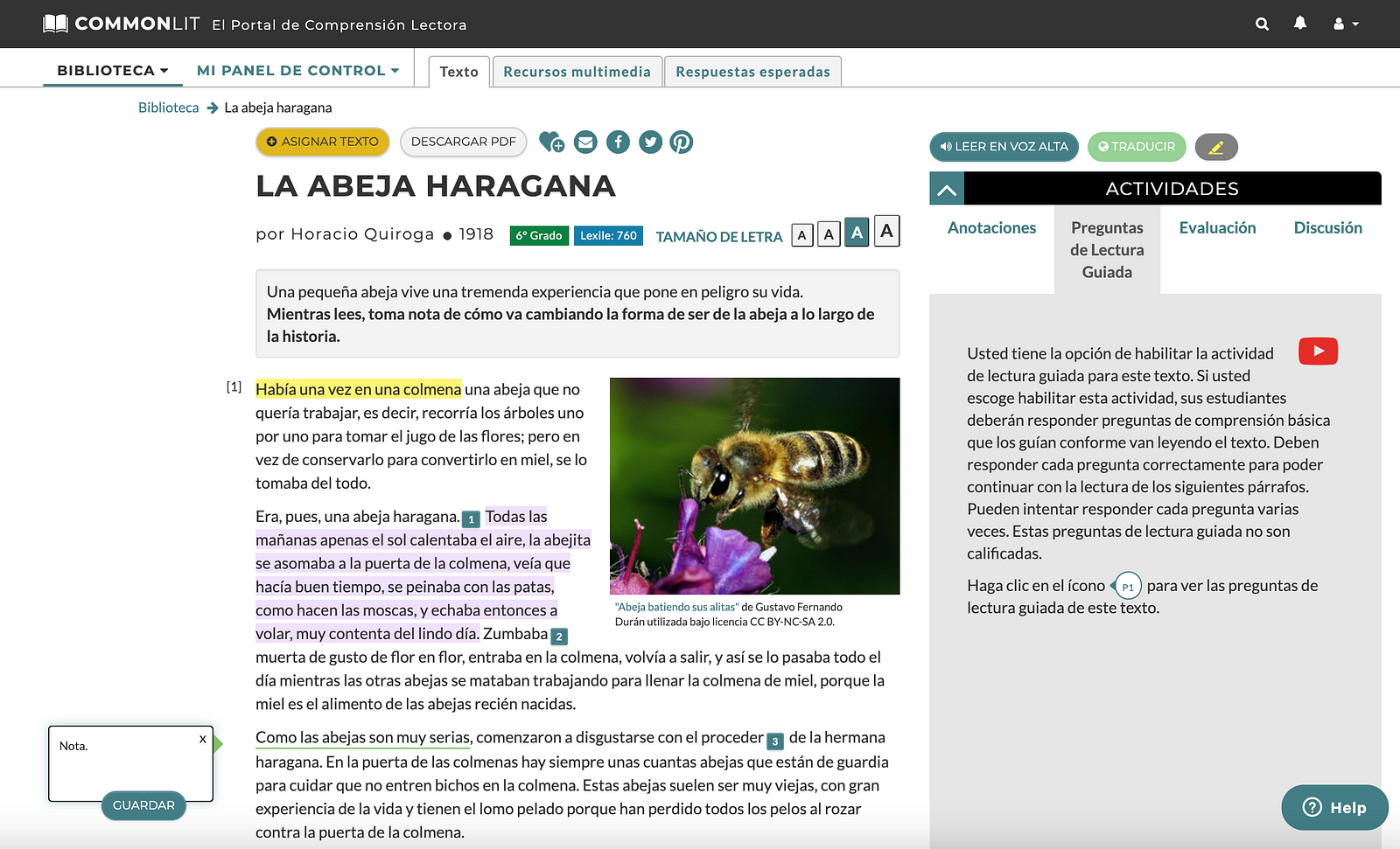 The CommonLit Español lesson "La abeja haragana."