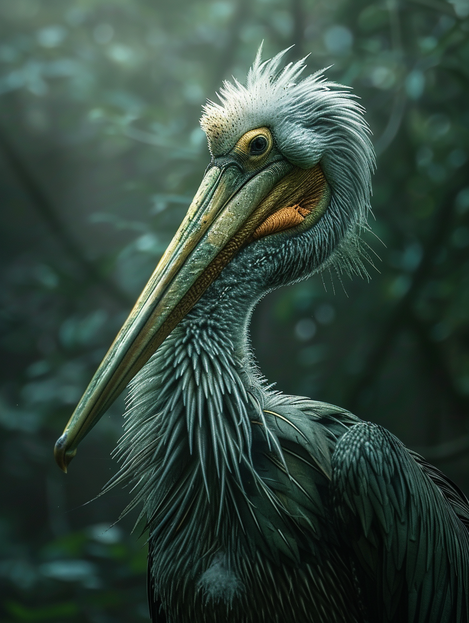 A new species of bird, a mix between a pelican and a vulture, Cinematic, baroque chiaroscuro, created with Midjourney AI generated image.