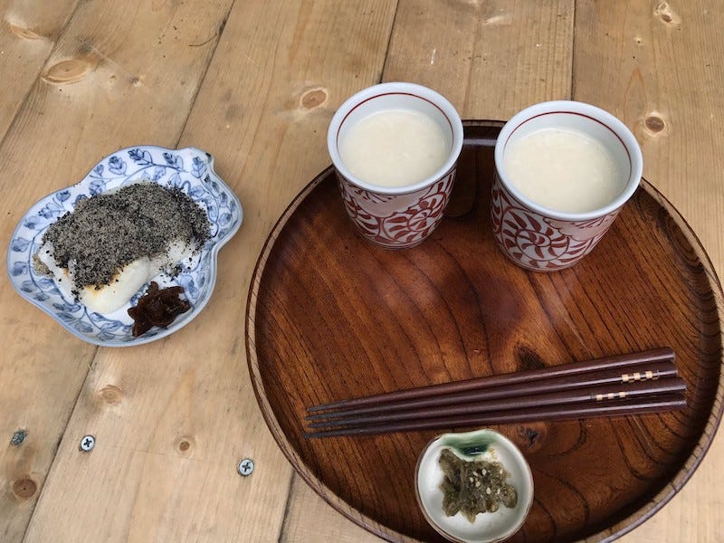 Some amazake and some mochi at the Amazake Chaya in Hakone