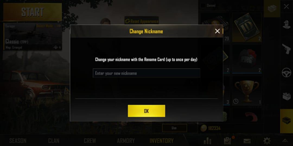 How To Change Nickname And Appearance In Pubg Mobile - type your new nickname to change name in pubg and tap on ok it will ask you for a confirmation to change the name and after that your name will be