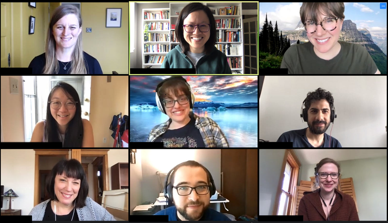 9 people in a grid on a video conference call