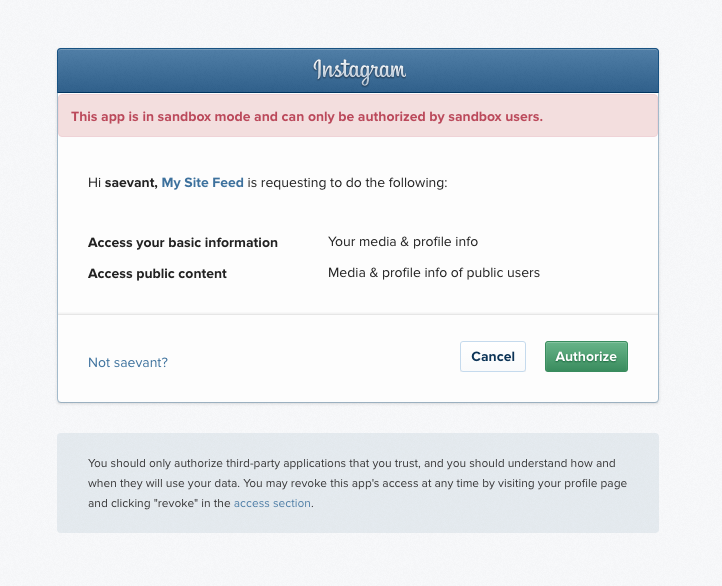 visiting the url we made with the client id will bring up an authorize screen at this point you are using your local server to simulate an api - instagram follow url