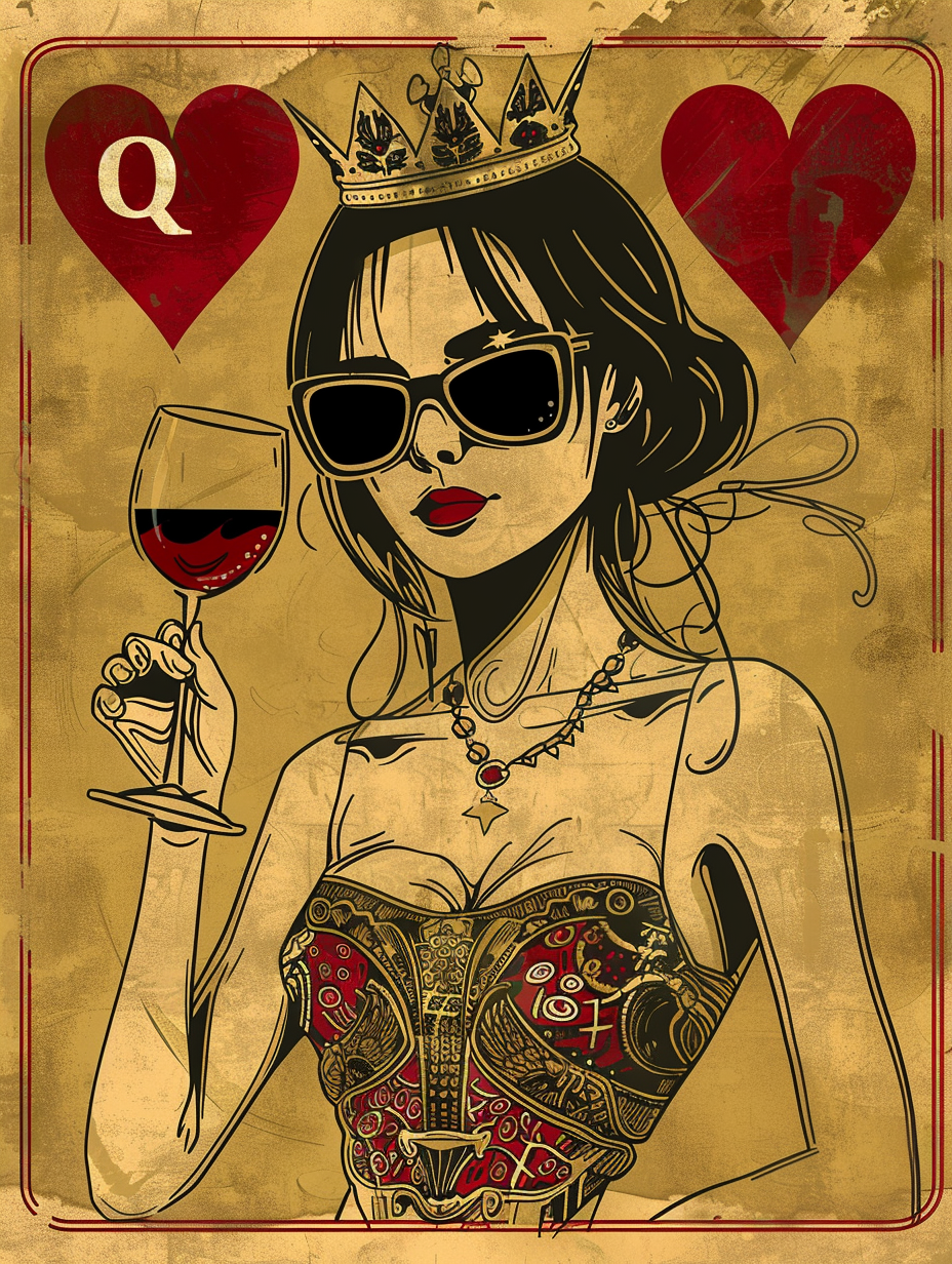 minimalist playing card made from three color woodblock print, Queen of Hearts, with the red hearts symbol and “Q” on the top and bottom, she is a beautiful young queen wearing a crown with sunglasses, holding a wine glass, created with Midjourney AI generated image.