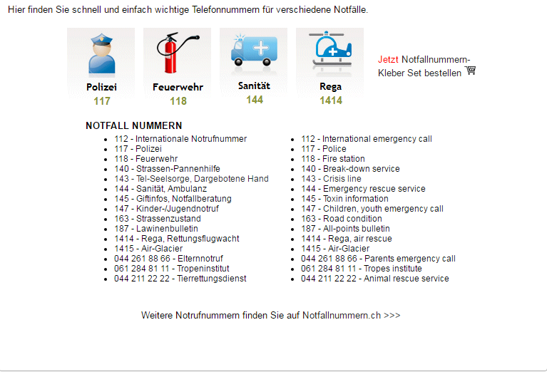 Notfallnummern Schweiz - tel.help.ch - Medium